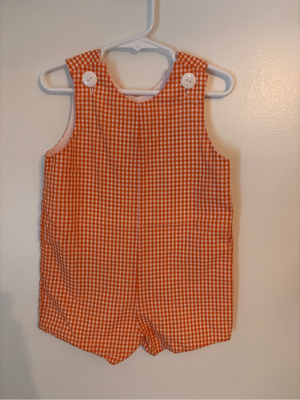 Orange & White Gingham Kids Romper with Button Shoulder Closures